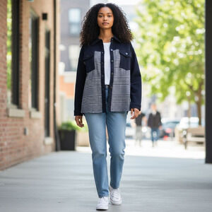 BKE Black Plaid & Denim Button Up Raw Hems Shacket SZ S Whimsygoth Dark Academia